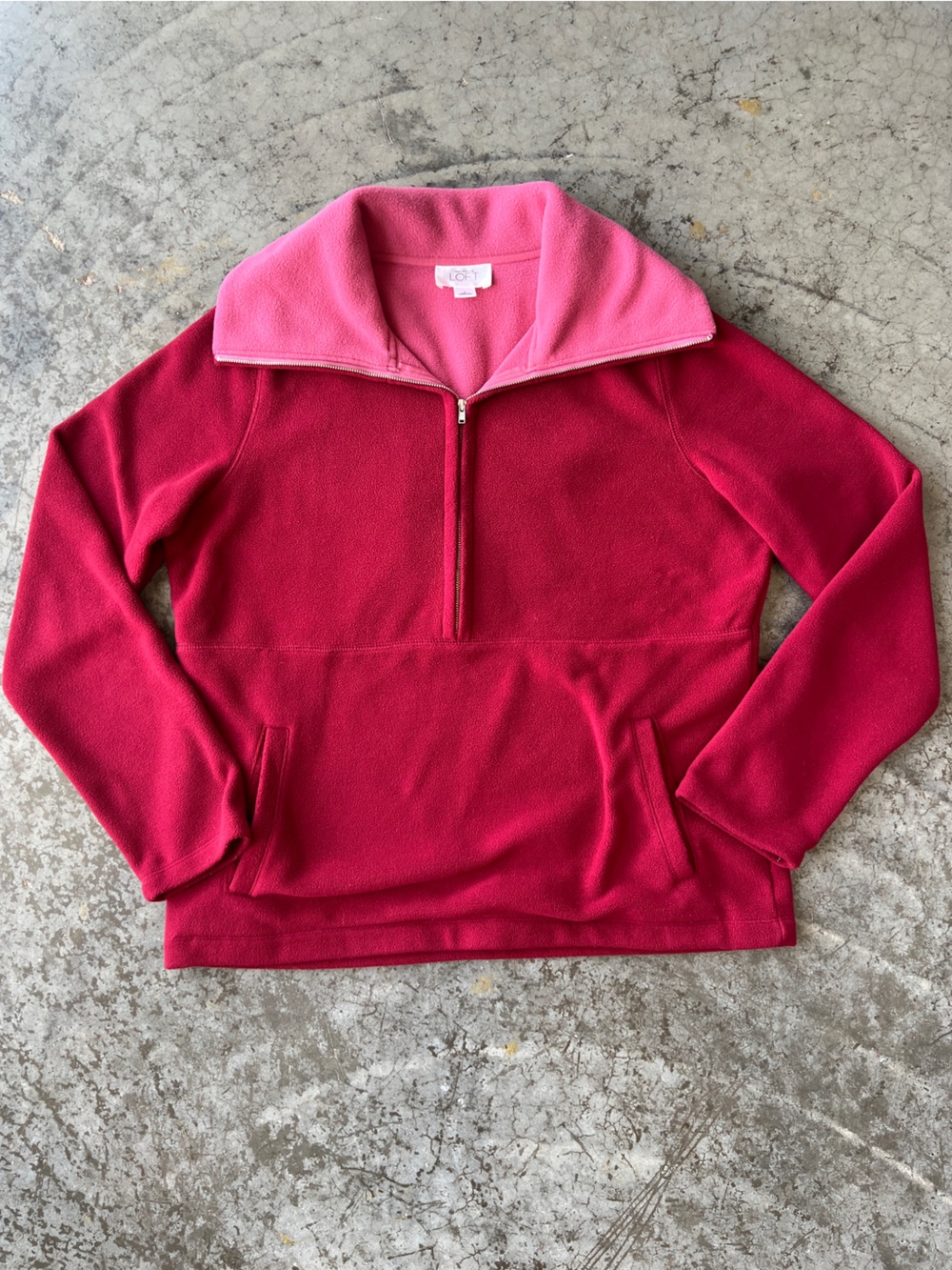 Ann Taylor LOFT Quarter Zip Red Fleece Sweater Pink Two Tone Pullover Women's